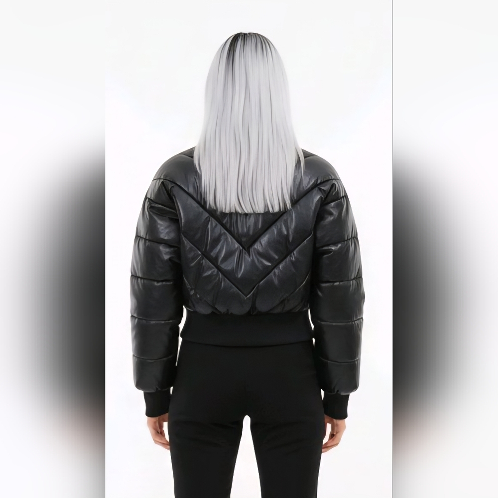 Winter NightS Faux Leather Cropped Black Women's Puffer Jacket Coat Fitted Ski - Picture 3 of 16